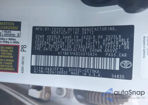 2012 Toyota Camry Se V6 from USA, damaged, VIN 4T1BK1FK6CU015824